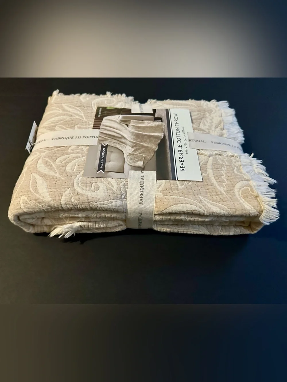 🎁Nemcor Made in Portugal Reversible Cotton Throw Blanket -Tan and Cream- 50”x70”